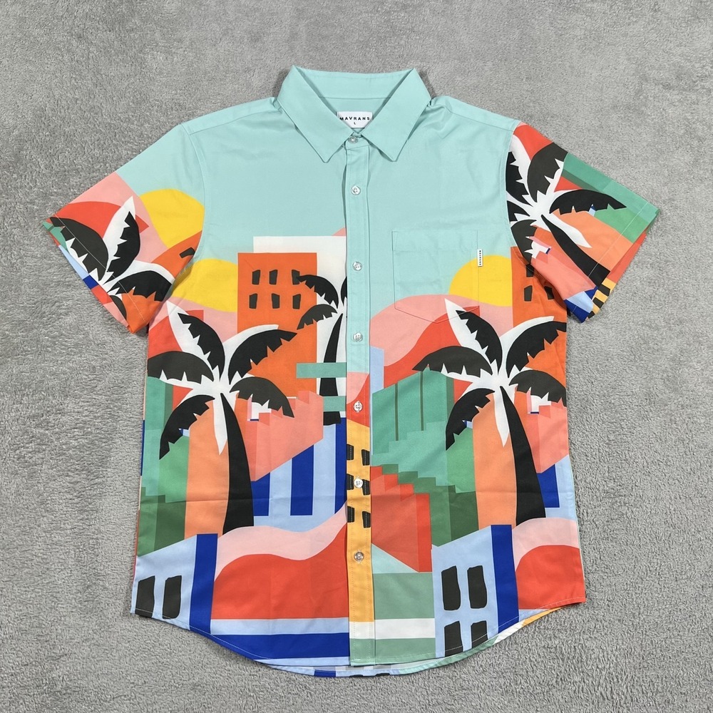 Mavrans Shirt Mens Large Havana Weekend Short Sleeve Button Up City Palm Tree